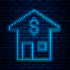 Sticker - Glowing neon line House with dollar symbol icon isolated on brick wall background. Home and money. Real estate concept. Vector