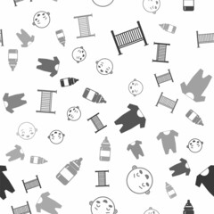 Wall Mural - Set Baby crib cradle bed, Happy little boy head, Baby clothes and Baby bottle on seamless pattern. Vector