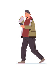 Poster - man in casual clothes drinking coffee with straw and using smartphone while walking social media com