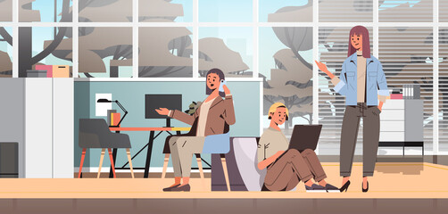Poster - businesspeople using digital gadgets and discussing during meeting teamwork concept
