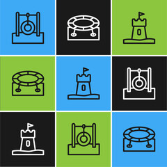 Wall Mural - Set line Car tire hanging on rope, Sand tower and Jumping trampoline icon. Vector