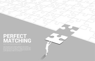 Poster - Silhouette of businessman pushing the final jigsaw piece. Concept of perfect recruitment. Human Resource. put the right man on the right job.