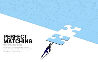 Poster - Silhouette of businessman pushing the final jigsaw piece. Concept of perfect recruitment. Human Resource. put the right man on the right job.
