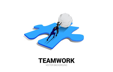 Poster - Silhouette of businessman pushing the big rock on jigsaw piece. Concept of perfect recruitment. Human Resource. put the right man on the right job.