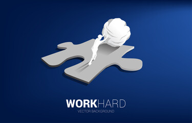 Poster - Silhouette of businessman pushing the big rock on jigsaw piece. Concept of perfect recruitment. Human Resource. put the right man on the right job.