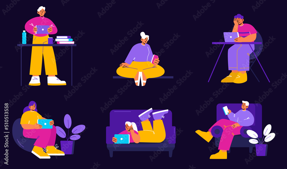 People using mobile phone, tablet and laptop in different poses. Vector ...