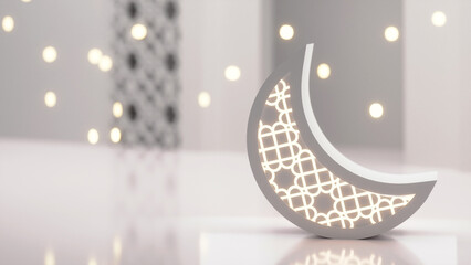 Sticker - 3D Ornament Crescent Moon Against Blurred Gray Bokeh Background.