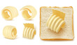 Square slices of bread for sandwich or toast with butter curl or rolled margarine 3D isolated vector set realistic illustration, top view, traditional breakfast food on white background.