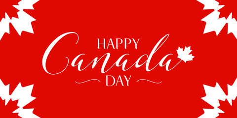 Wall Mural - Happy Canada Day horizontal banner design layout with text and paper cut white maple leaf. vector illustration for greeting cards, posters, flyers, invitations, brochures