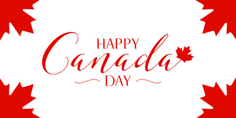 Wall Mural - Happy Canada Day horizontal banner design layout with text and paper cut red maple leaf. vector illustration for greeting cards, posters, flyers, invitations, brochures
