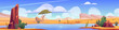 © klyaksun - Oasis with blue water and plants in african desert. Vector cartoon panoramic illustration of sand desert landscape with green cactuses, river and mountains