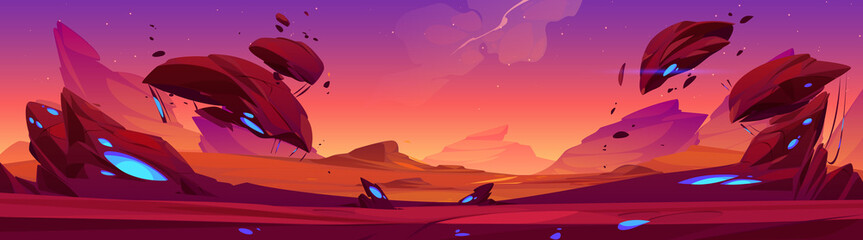Poster - fantastic landscape of alien planet with rocks, flying stones and glowing blue spots. vector cartoon