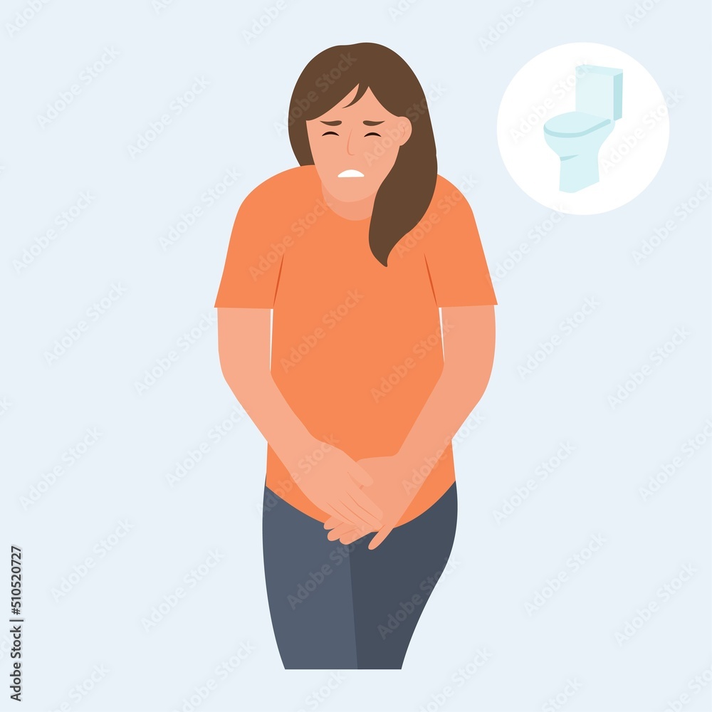 Stressed woman standing and want to pee. Anxious girl with a full ...
