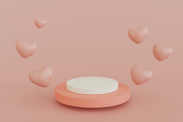 Poster - 3D Render minimal sweet scene with display podium for mock up and product brand presentation. Pink with levitating hearts. Beauty cosmetic product presentation. Minimal pastel showcase.