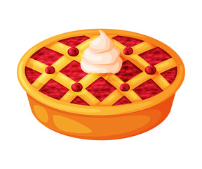 Sticker - Baked Cranberry Pie Made from Pastry Dough with Sweet Fruit Filling and Whipped Cream on Top Vector Illustration