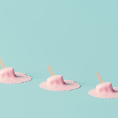 Pink stick ice cream melting on pastel blue background. Creative summer. 3d rendering