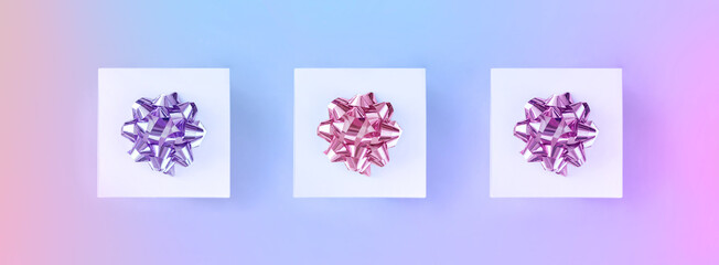 gift boxes banner on colored background top view