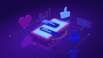 Wall Mural - low poly style illustration, smart phone with app icons and message bubbles, concept of communicatio