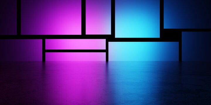 3d rendering of spaceship corridor blue purple background neon glowing. Cyberpunk concept. Scene for advertising, showroom, technology, future, modern, interior, tunnel. Sci-Fi futuristic Illustration
