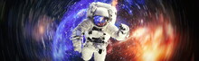 Picture Of Astronaut Spacewalking With Glowing Stars . Astronaut In Outer Space. Elements Of This Image Furnished By NASA.