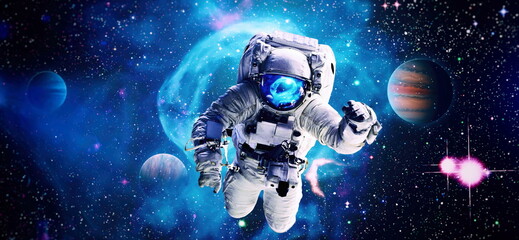 astronaut in space in the solar system earth. blue light on background. elements of this image furni