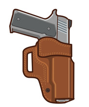Pistol In Leather Holster, Vector Illustration Isolated On White