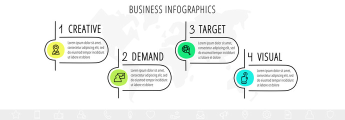 Line vector infographics with four circles. Modern concept 4 icons with labels step by step for the app, business, website, interface, chart, levels, web, diagram, banner, presentations