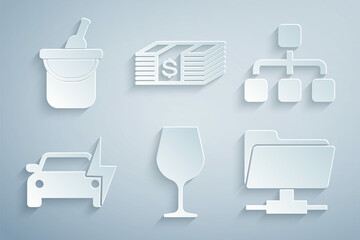 Sticker - Set Wine glass, Hierarchy organogram chart, Electric car, FTP folder, Paper money dollars cash and Bottle of wine bucket icon. Vector