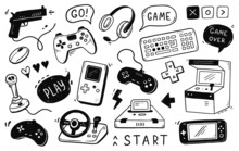 Video Game Hand Drawn Doodle Set. Video Gamer Console, Joystick, Controller Element. Computer Retro, Arcade Play Background. Vector Illustration.