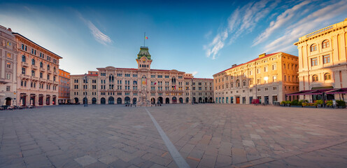 Wall Mural - Panoramic summer cityscape Trieste, Italy, Europe. Stunning morning view of popular tourist attraction - Unity of Italy Square. Traveling concept background.