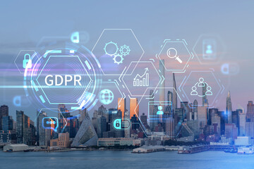 New York City skyline from New Jersey over Hudson River, Midtown Manhattan skyscrapers at sunset, USA. GDPR hologram, concept of data protection, regulation and privacy for all individuals