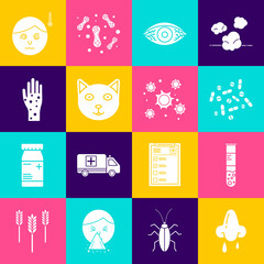 Poster - Set Runny nose, Test tube and flask, Medicine pill or tablet, Reddish eye allergic conjunctivitis, Pet, Hand with psoriasis eczema, High human body temperature and Bacteria icon. Vector