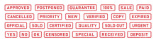 Grunge Words Approved, Postponed, Paid Rubber Stamps. Cancelled, Priority, Verified, Certified Sign Sticker Set. Grunge Red Vintage Square Label. Vector Illustration Isolated On White Background.