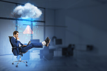 Poster - businessman with laptop relaxing in swivel-chair in blurry office interior with abstract hologram raining cloud and mock up place for your advertisement. 