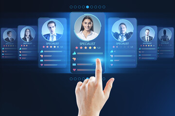 Aufkleber - Human resources information system and specialist marketplace with human finger on digital touch screen with personal cards with rating