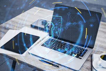 Aufkleber - glowing security padlock on background. Secure, safety and digital protection concept. Double exposure.