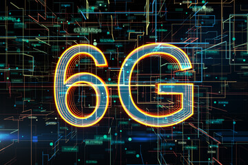 Poster - Front view on 6G digital glowing symbols on abstract technological background with speed indicators, 6G network wireless internet connection and communication network concept. 3D rendering