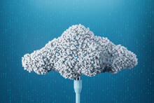 Cloud Computing And Information Exchange Concept With Blue Wire Connected To White Pixelate Cloud On Blue Wall With Binary Code Background. 3D Rendering