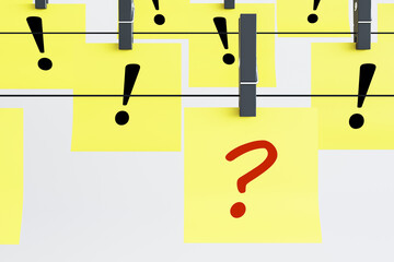 Aufkleber - Creative yellow papers with question and exclamation marks hanging on ropes. Solution and answer concept. 3D Rendering.