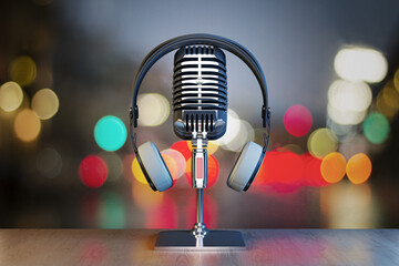 Poster - Podcast or radio concept with vintage microphone and headphones in the center of empty wooden table and colorful bokeh effect wall background. 3D rendering