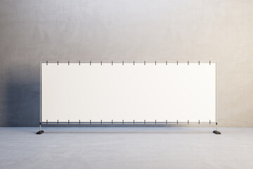 Empty white long rectangular banner in minimalistic concrete interior. Advertisement and mock up concept. 3D Rendering.