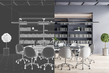 Poster - Design project development with wireframe and stylish meeting room with wooden floor, dark office cabinet and white furniture. 3D rendering