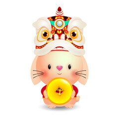 2023 Chinese new year, little rabbit with lion dance holding coins of gold,  year of the rabbit zodiac of Animal lucks, gong xi fa cai, Cartoon vector illustration isolated on white background.