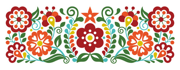 Poster - Mexican embroidery style vector floral pattern, ornament inspired by folk art from Mexico, traditional craft vibrant background in red, yellow and green
 Print