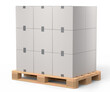 Set of wooden pallet for warehouse cargo storage with cardboard boxes on white