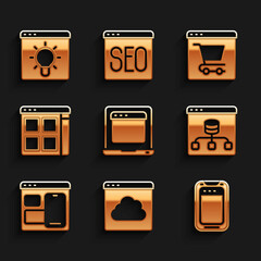 Set Laptop with browser window, Cloud technology data transfer, Mobile phone, Server, Data, Web developer programming code, Browser files, Online shopping screen and icon. Vector