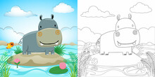 Cartoon Of Hippo In Swamp On Blue Sky Background