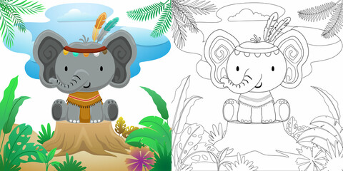 Poster - Cute elephant cartoon in tribal ethnic costume sitting on tree stump in forest