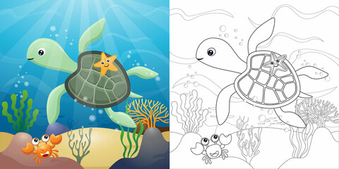 Sticker - Cartoon of turtle with starfish and crab underwater, coloring book or page