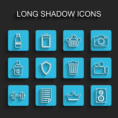 Poster - Set line Dumbbell, Document, Glass bottle milk and cap, Crown, Stereo speaker, Shield, Movie or Video camera and Trash can icon. Vector